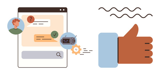 Chat interface with user, bot automation illustrated by a gear and radio-thumbs up icon, and a thumbs-up symbolizing agreement or approval. Ideal for communication, automation, AI, user experience