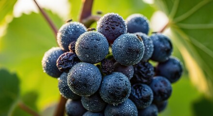 Macro shot of a bunch of ripe blue grapes with dew drops and flies on the vine against a green background