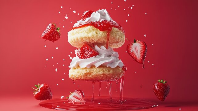 A stylized strawberry shortcake appears suspended in time against a solid strawberry red background. The fluffy sponge cake, fresh strawberries, and whipped cream , with a drizzle of strawberry sauce - Powered by Adobe