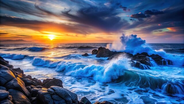 Dark blue ocean waves crashing on a rocky shore at sunset - Powered by Adobe