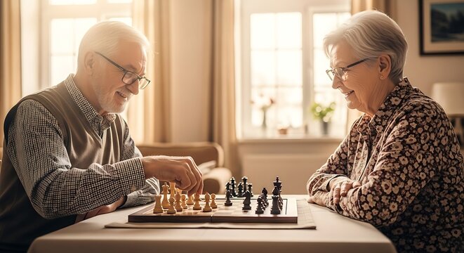 Strategic Minds Senior Couple Enjoying a Chess Game at Home, Fostering Connection and Mental Acuity in Retirement Years 
