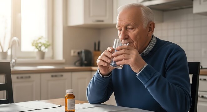 Senior Man Taking Medication with Water at Home, Healthcare and Wellness in Golden Years