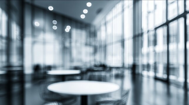 Blurred interior of a modern café featuring round tables and large glass windows.