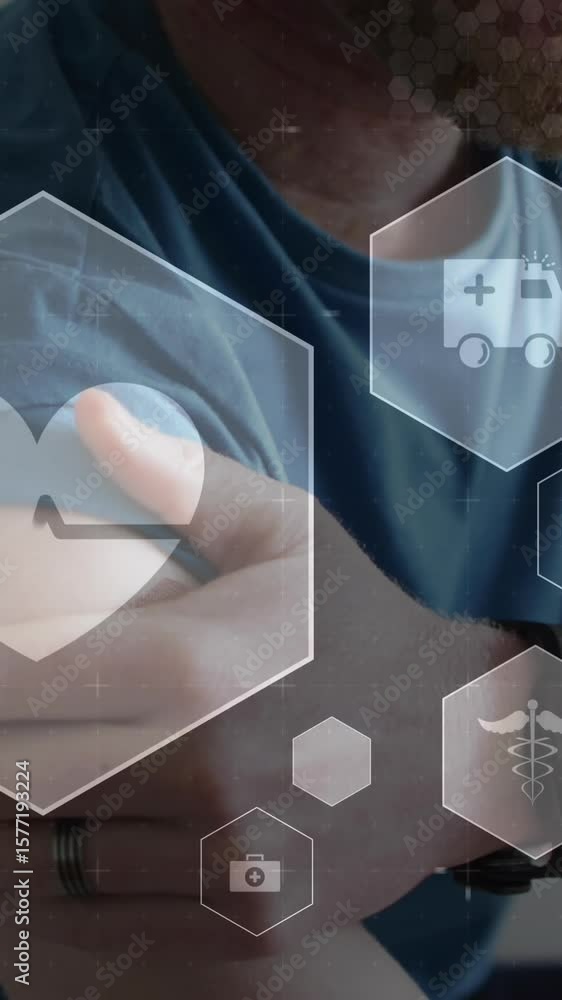 Poster animation of digital icons data processing over man rubbing arm