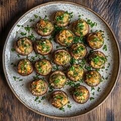 Freshly baked stuffed mushrooms are generously topped with garlic and parsley, offering a perfect Mediterranean flavor.
