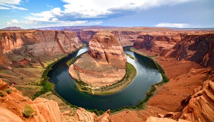 Horseshoe Bend with Arizona Aerial view of a majestic river canyon landscape under blue sky.