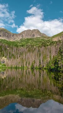 Vertical Timelapse, Pristine Mountain Landscape on Sunny Summer Day, Clouds Moving Above Peaks and Glacial Lake