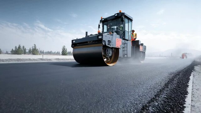 A black road roller presses new asphalt on a highway during road construction work, showing smooth pavement, civil engineering, and heavy machinery in progress