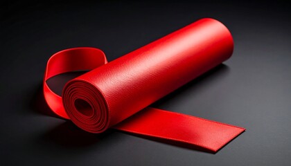 Rolled red rubber or plastic material with ribbon