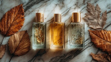 Essential oils perfume collection on marble table, natural beauty wellness fragrance product flatlay design for ads