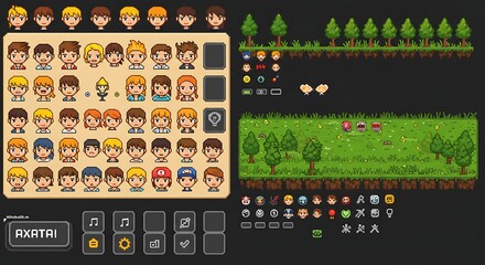 Charming pixel art sprite sheet displaying characters and environment assets for game development projects