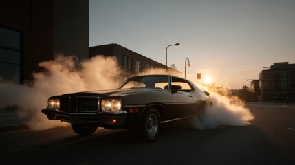 Classic car performing dramatic burnout at sunset in urban setting
