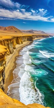 Panoramic view of Playa de la Mina with majestic cliffs and turquoise waters amidst the arid landscape of Paracas Desert in Peru