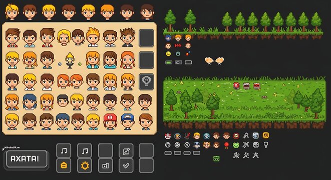 Charming pixel art sprite sheet displaying characters and environment assets for game development projects