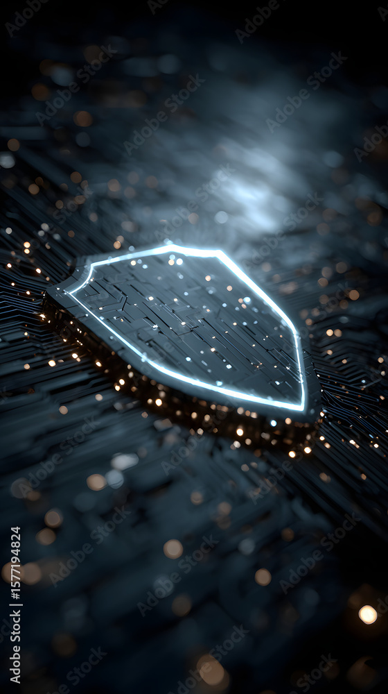 Poster a luminous blue cybersecurity shield with digital circuits in a dark technological space.