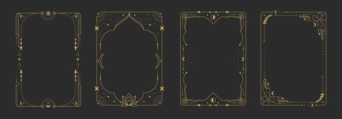 Set of modern magic witchcraft astrology frames with lotus, hands, stars, sun and moon on black background. Line art occult vector illustration
