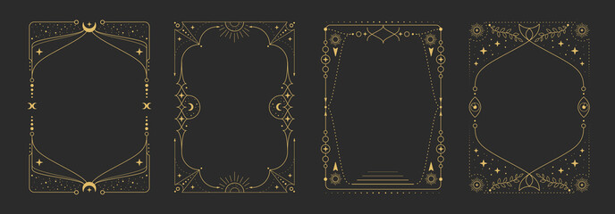 Set of modern magic witchcraft astrology frames with stars, sun and moon on black background. Line art occult vector illustration