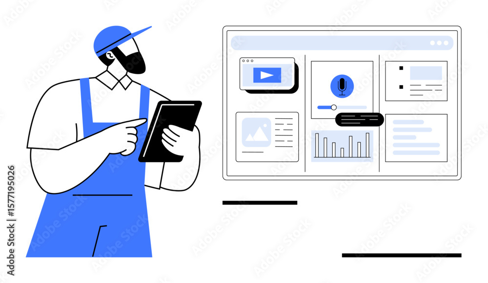 Poster technician holding tablet points to data-rich dashboard display with graphs, alerts, and multimedia.