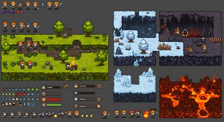 Beautiful game assets showcase charming character sprites and captivating pixelated environment tiles for topdown adventures.