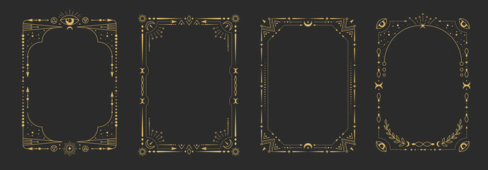 Set of modern magic witchcraft astrology frames with third eye, stars, sun and moon on black background. Line art occult vector illustration © annbozhko