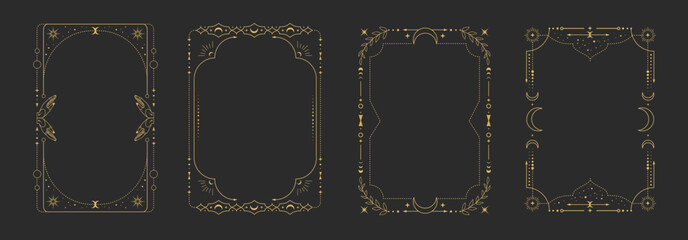 Set of modern magic witchcraft astrology frames with  hands, stars, sun and moon on black background. Line art occult vector illustration