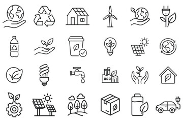 Collection of eco-friendly line icons representing sustainability clean energy conservation and environmental