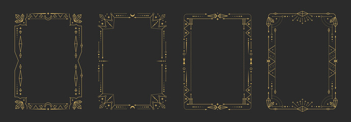 Set of modern magic witchcraft astrology frames with crystals, diamonds, gemstones, stars, sun and moon on black background. Line art occult vector illustration © annbozhko