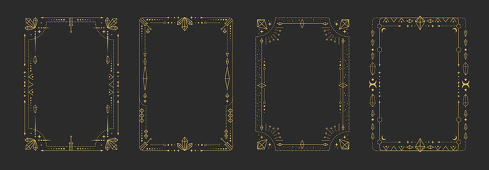 Set of modern magic witchcraft astrology frames with crystals, diamonds, gemstones, stars, sun and moon on black background. Line art occult vector illustration