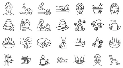 Spa and wellness icon set for relaxation and beauty treatments with massage stones aromatherapy and skincare elements