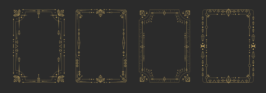 Set of modern magic witchcraft astrology frames with crystals, diamonds, gemstones, stars, sun and moon on black background. Line art occult vector illustration