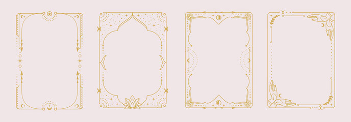 Set of modern magic witchcraft astrology frames with lotus, hands, stars, sun and moon on white background. Line art occult vector illustration