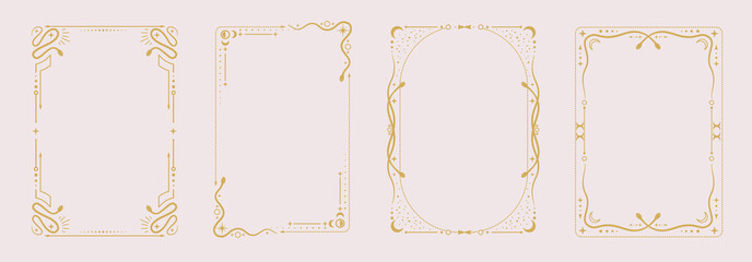Set of modern magic witchcraft astrology frames with snakes, stars, sun and moon on white background. Line art occult vector illustration
