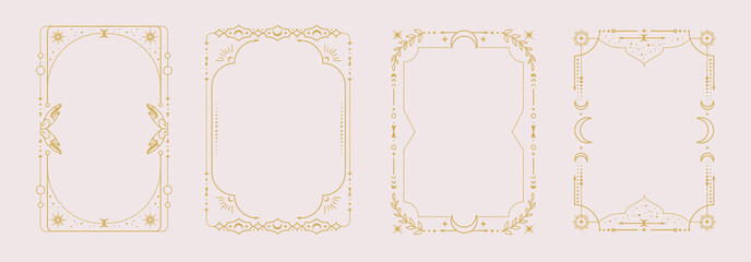 Set of modern magic witchcraft astrology frames with  hands, stars, sun and moon on white background. Line art occult vector illustration