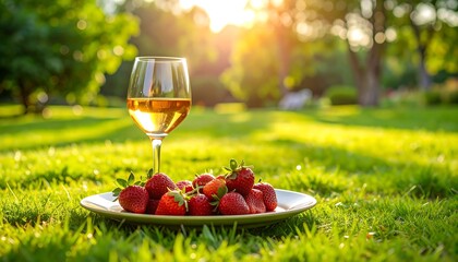 Ros? wine glass, strawberries on plate, park