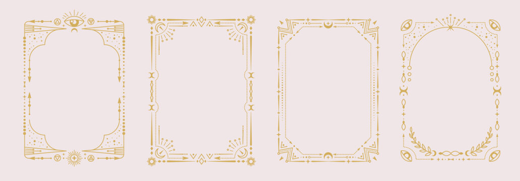Set of modern magic witchcraft astrology frames with third eye, stars, sun and moon on white background. Line art occult vector illustration