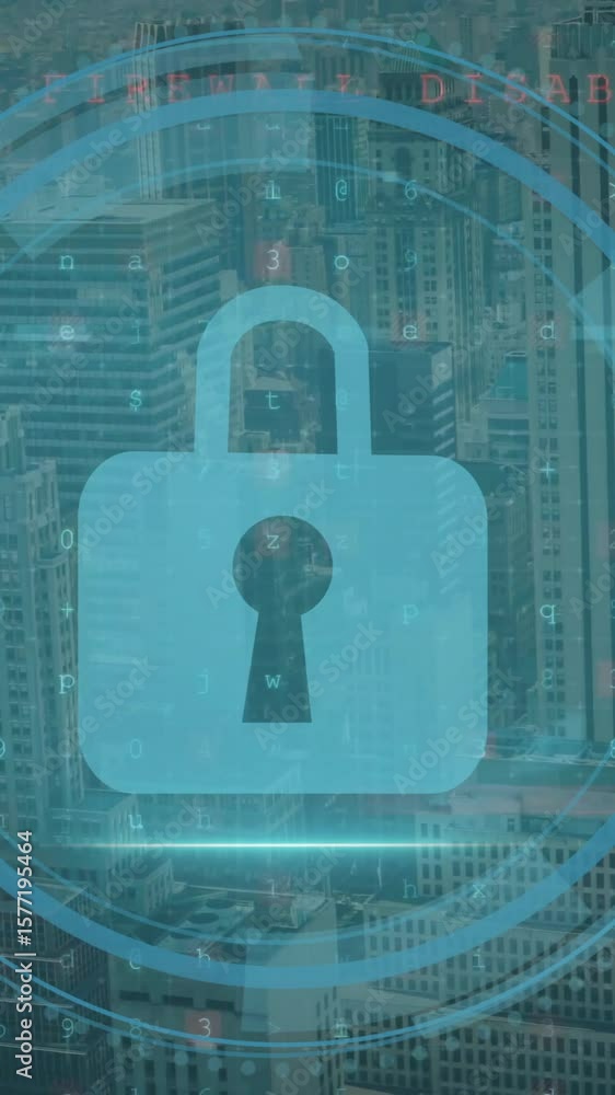 Poster animation of padlock icon over network and data processing over cityscape