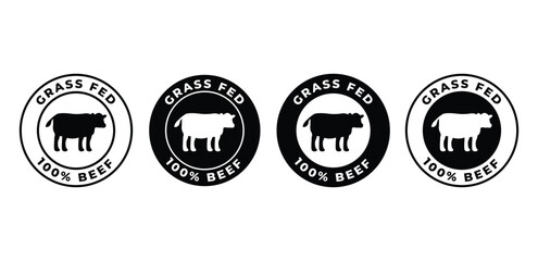Grass Fed Beef Icons Black and White Circular Designs Featuring Cow Silhouette Vector Illustration Template