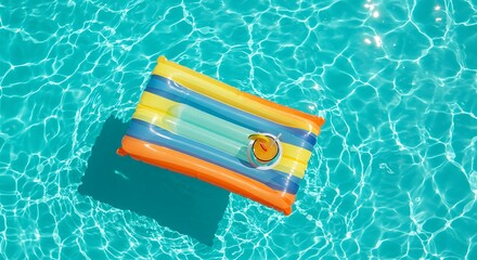 An inflatable raft floats on the surface of a swimming pool, with sunlight creating a rippled effect in the water.