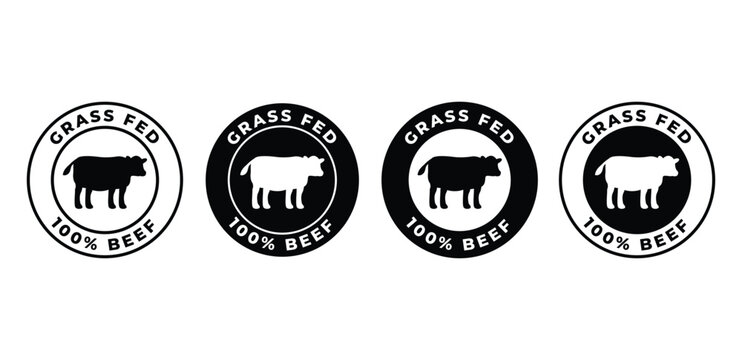 Grass Fed Beef Icons Black and White Circular Designs Featuring Cow Silhouette Vector Illustration Template