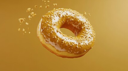 A stylized honey-glazed donut appears suspended in time against a solid honey gold background. The fluffy, golden texture and glossy honey glaze are highlighted, with a sprinkle of crushed nuts