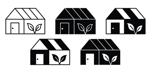 Greenhouse Icons Simple House Illustrations with Leaves Black and White Color Vector Design