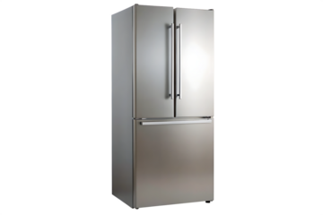 Stainless steel refrigerator with french doors isolated on a transparent background.PNG