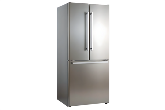 Stainless steel refrigerator with french doors isolated on a transparent background.PNG