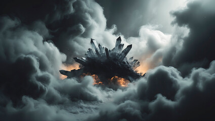  AI-generated image. Mysterious crystal structure emerges from dark clouds with glowing embers at sunrise