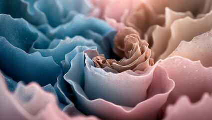  AI-generated image. Beautiful arrangement of soft pastel-colored roses in a delicate spiral pattern showcasing intricate details and textures