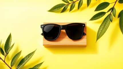 Stylish Sunglasses on Yellow Background: A sophisticated pair of dark sunglasses, artfully placed on a wooden stand, is framed by lush green leaves, all set against a vibrant yellow backdrop.