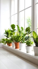 Row of potted plants on a bright windowsill