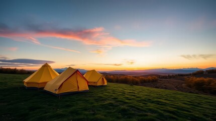 Camping under the Evening Sky: A scenic view of campsite nestled in nature under a gradient sunset sky, exuding serenity and tranquility.