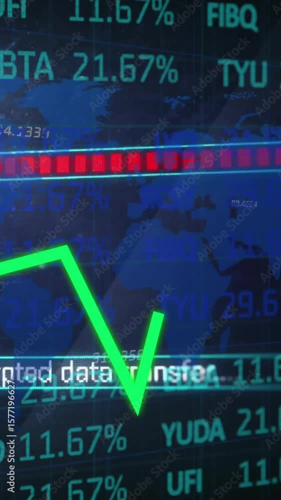Poster animation of lines and financial data processing over dark background