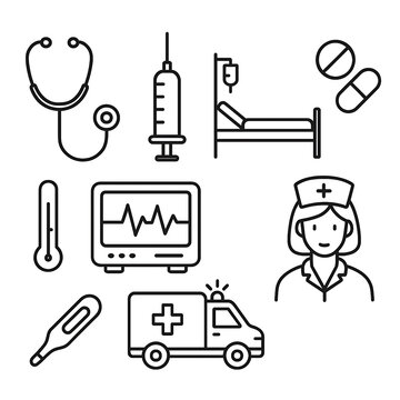 Medical and healthcare vector icon set &mdash; stethoscope, syringe, hospital bed, pills, thermometer, ECG monitor, ambulance, nurse on a white background.